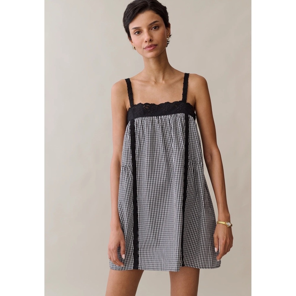 Kourt Black White Gingham Lace Trim Babydoll Mini Dress Women's Size Large